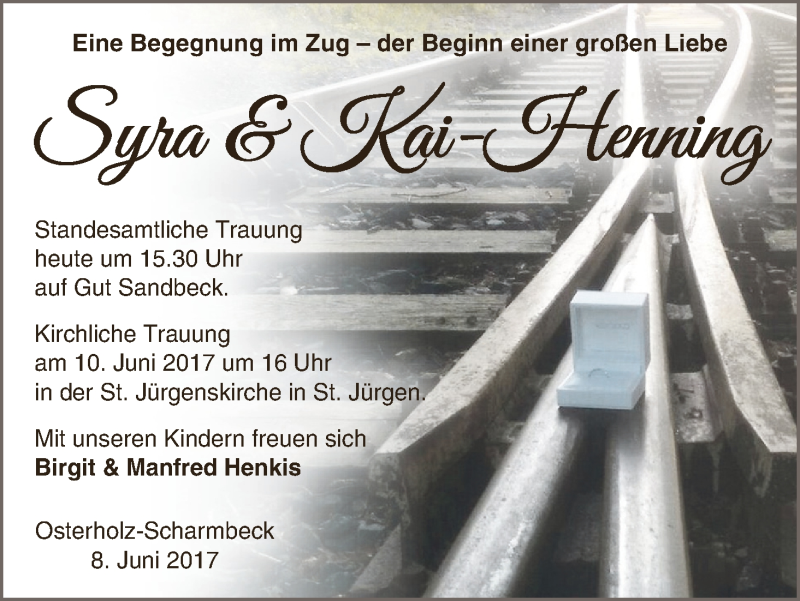 Hochzeitsanzeige von Syra  von Osterholzer Kreisblatt