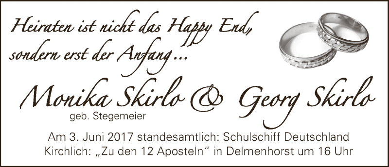 Hochzeitsanzeige von Monika Skirlo von Die Norddeutsche