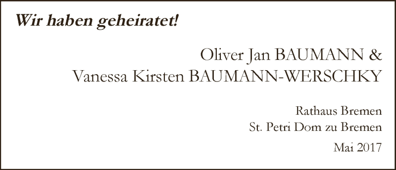 Hochzeitsanzeige von Oliver Jan Baumann  von WESER-KURIER