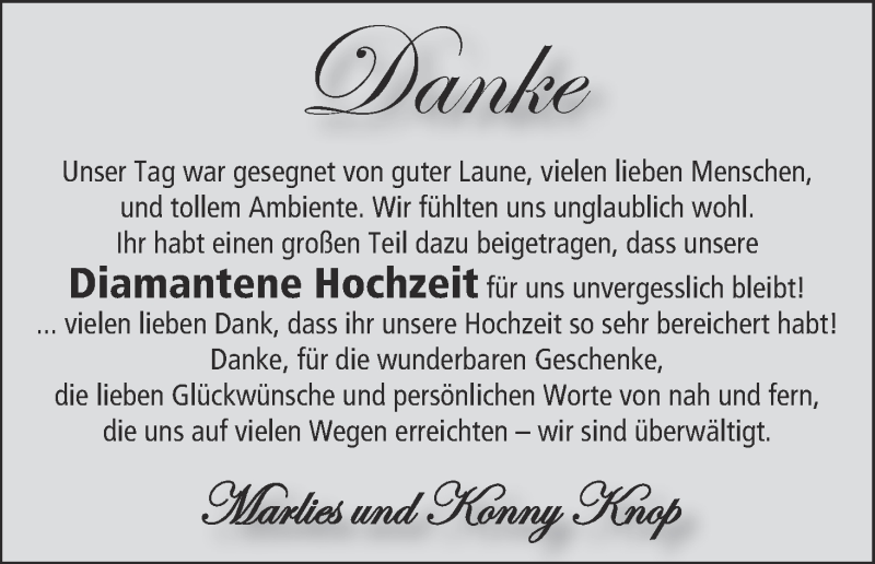 Hochzeitsanzeige von Marlies Knop von Wuemme Zeitung