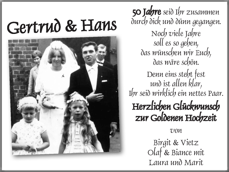 Hochzeitsanzeige von Gertrud  von Wuemme Zeitung