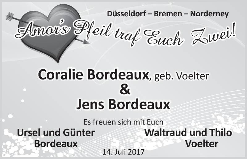 Hochzeitsanzeige von Coralie Bordeaux von Die Norddeutsche