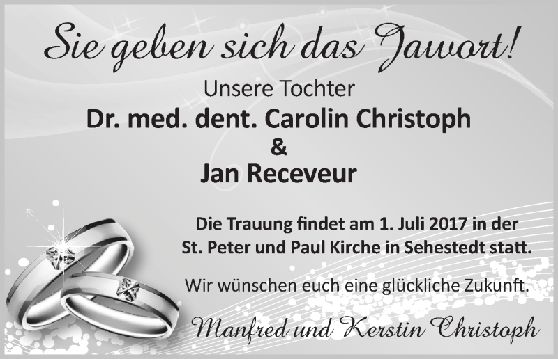 Hochzeitsanzeige von Carolin Christoph von Die Norddeutsche