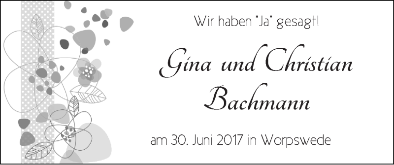 Hochzeitsanzeige von Gina Bachmann von WESER-KURIER