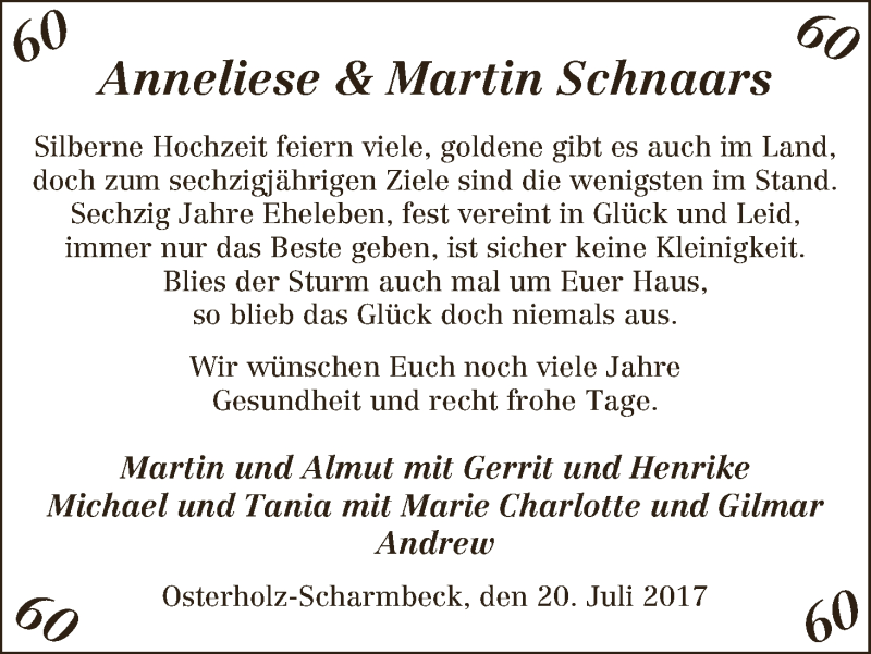 Hochzeitsanzeige von Anneliese Schnaars von Osterholzer Kreisblatt