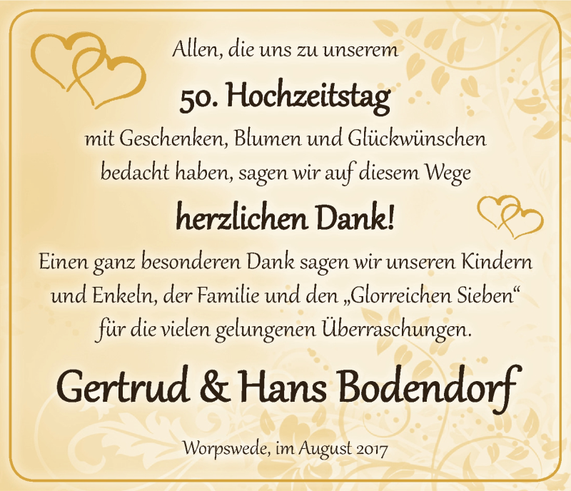 Hochzeitsanzeige von Gertrud Bodendorf von Wuemme Zeitung