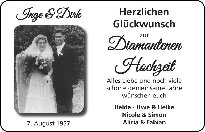 Hochzeitsanzeige von Inge  von Wuemme Zeitung