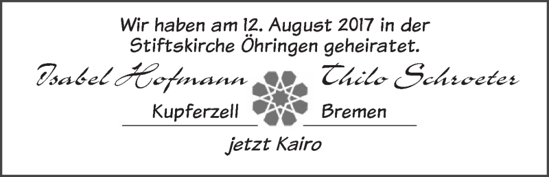 Hochzeitsanzeige von Isabel Hofmann von WESER-KURIER