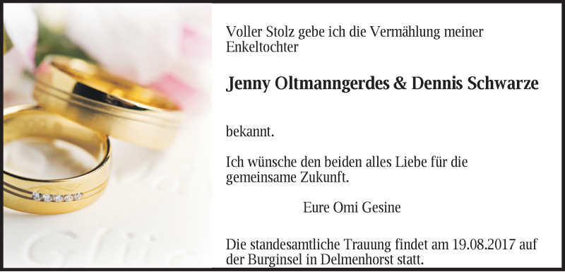 Hochzeitsanzeige von Jenny Oltmanngerdes von Osterholzer Kreisblatt