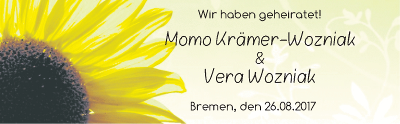 Hochzeitsanzeige von Momo Krämer-Wozniak von WESER-KURIER