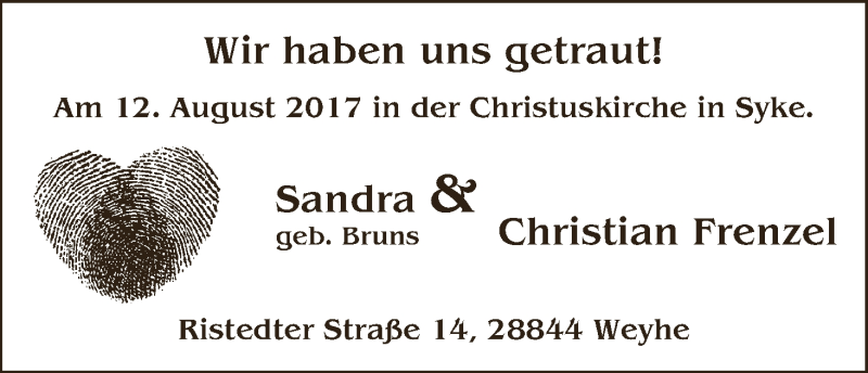 Hochzeitsanzeige von Sandra Frenzel von Regionale Rundschau/Syker Kurier