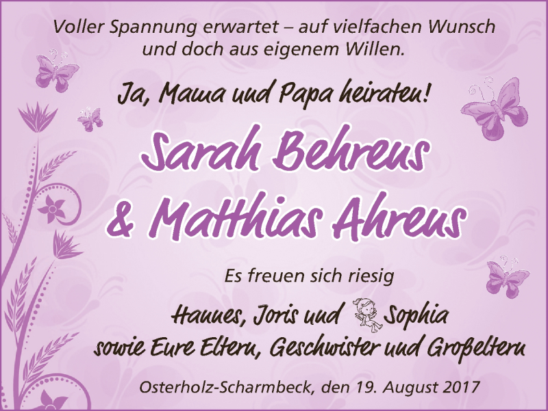 Hochzeitsanzeige von Sarah Behrens von Osterholzer Kreisblatt