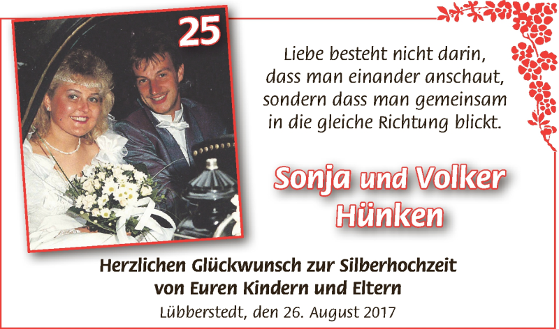 Hochzeitsanzeige von Sonja Hünken von Osterholzer Kreisblatt