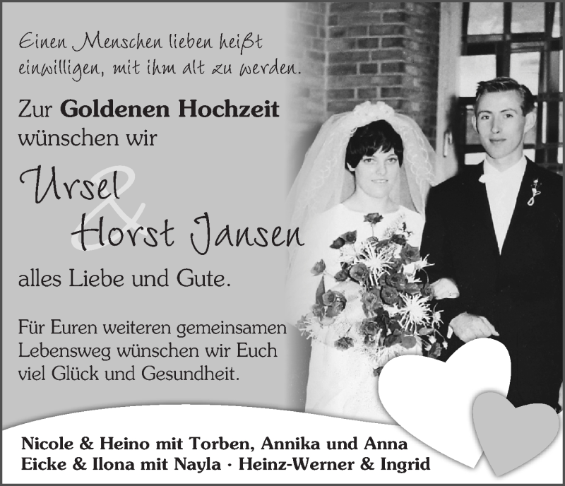 Hochzeitsanzeige von Ursel Jansen von Wuemme Zeitung