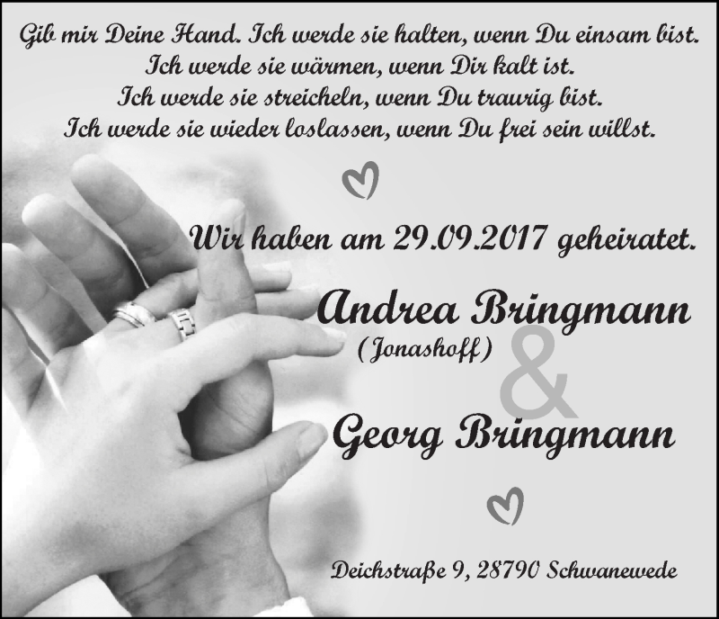Hochzeitsanzeige von Andrea Bringmann von WESER-KURIER