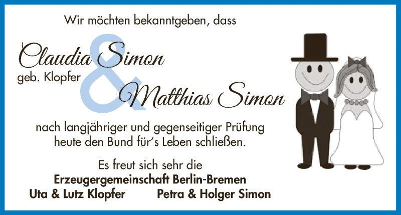 Hochzeitsanzeige von Claudia Simon von WESER-KURIER