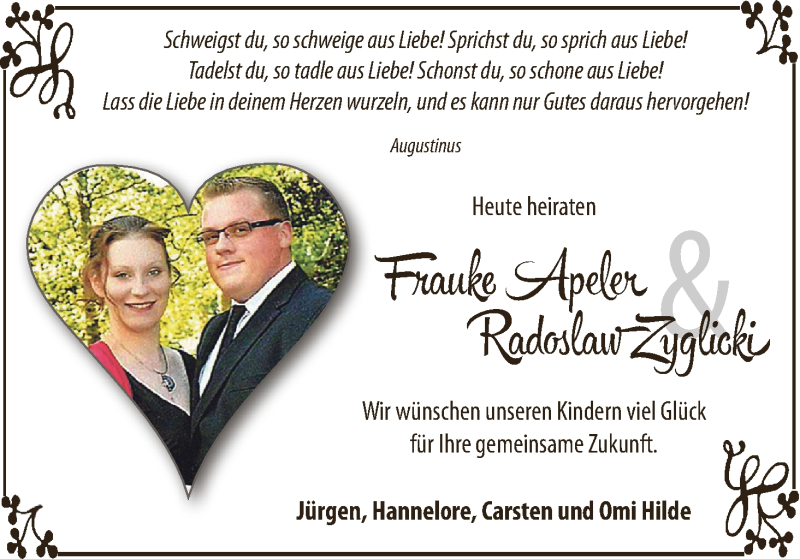 Hochzeitsanzeige von Frauke Apeler von Wuemme Zeitung