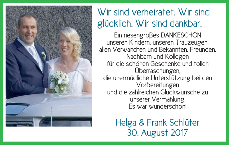 Hochzeitsanzeige von Helga Schlüter von Wuemme Zeitung