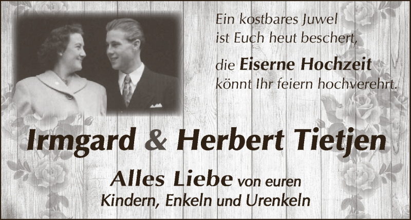 Hochzeitsanzeige von Irmgard Tietjen von WESER-KURIER