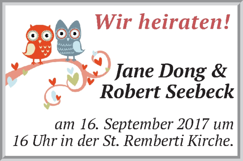Hochzeitsanzeige von Jane Dong von WESER-KURIER