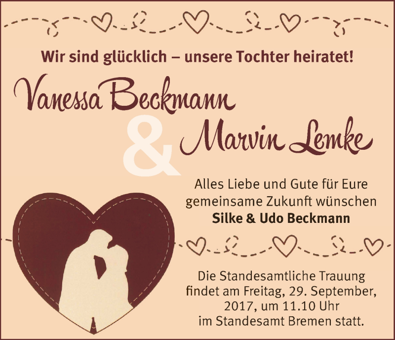 Hochzeitsanzeige von Vanessa Beckmann von WESER-KURIER