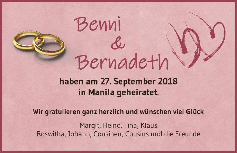 Hochzeitsanzeige von Benni  von Wuemme Zeitung