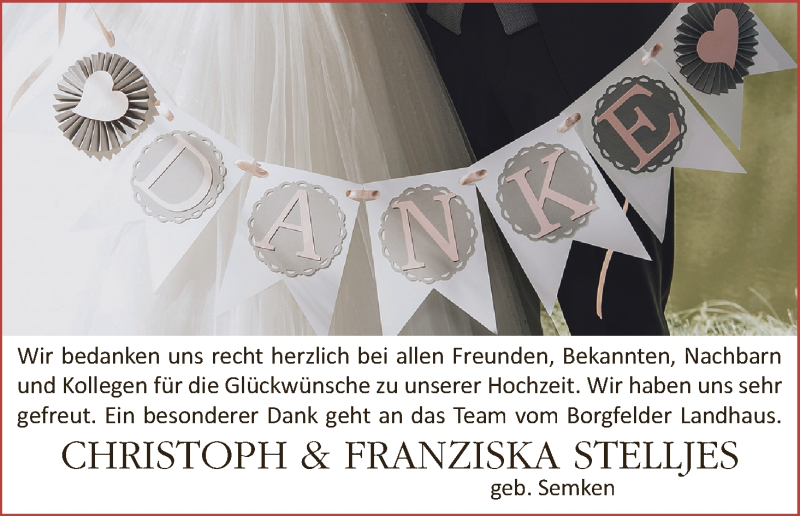 Hochzeitsanzeige von Christoph Stelljes von Wuemme Zeitung