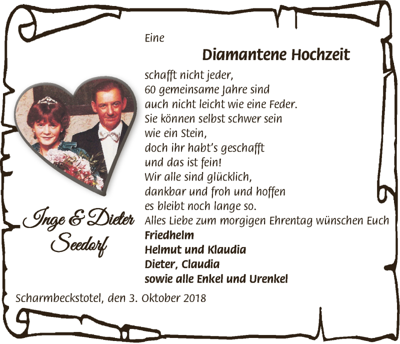 Hochzeitsanzeige von Inge Seedorf von Osterholzer Kreisblatt