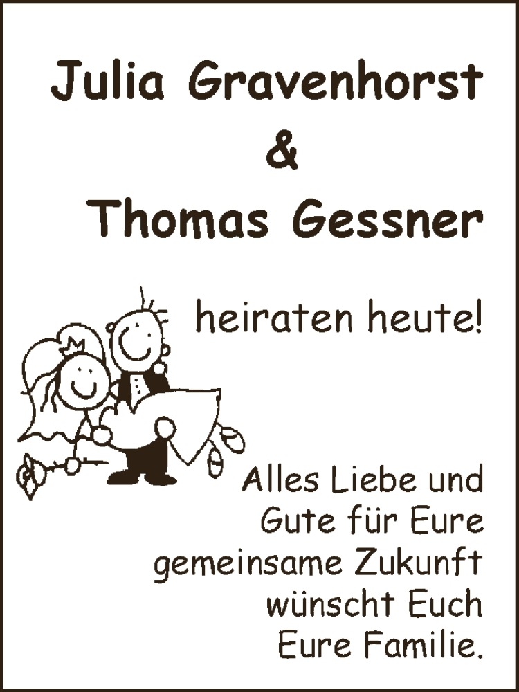 Hochzeitsanzeige von Julia Gravenhorst von WESER-KURIER
