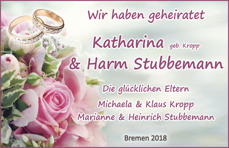 Hochzeitsanzeige von Katharina Stubbemann von WESER-KURIER