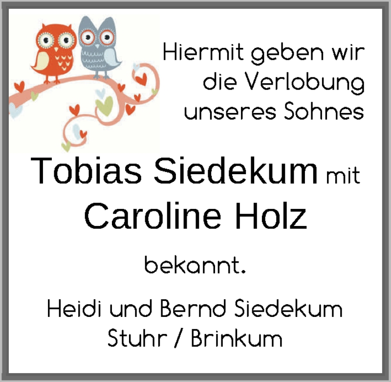 Hochzeitsanzeige von Tobias Siedekum von WESER-KURIER