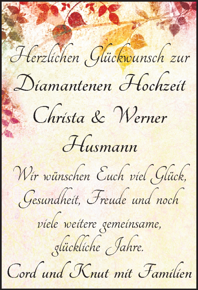 Hochzeitsanzeige von Christa Husmann von Achimer Kurier/Verdener Nachrichten
