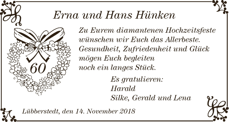Hochzeitsanzeige von Erna Hünken von Osterholzer Kreisblatt