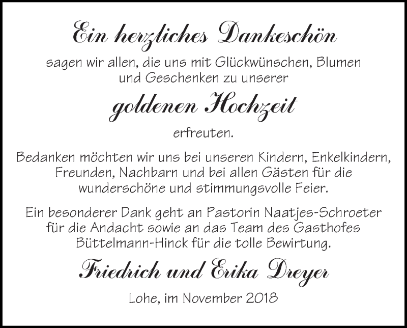 Hochzeitsanzeige von Friedrich Dreyer von Osterholzer Kreisblatt