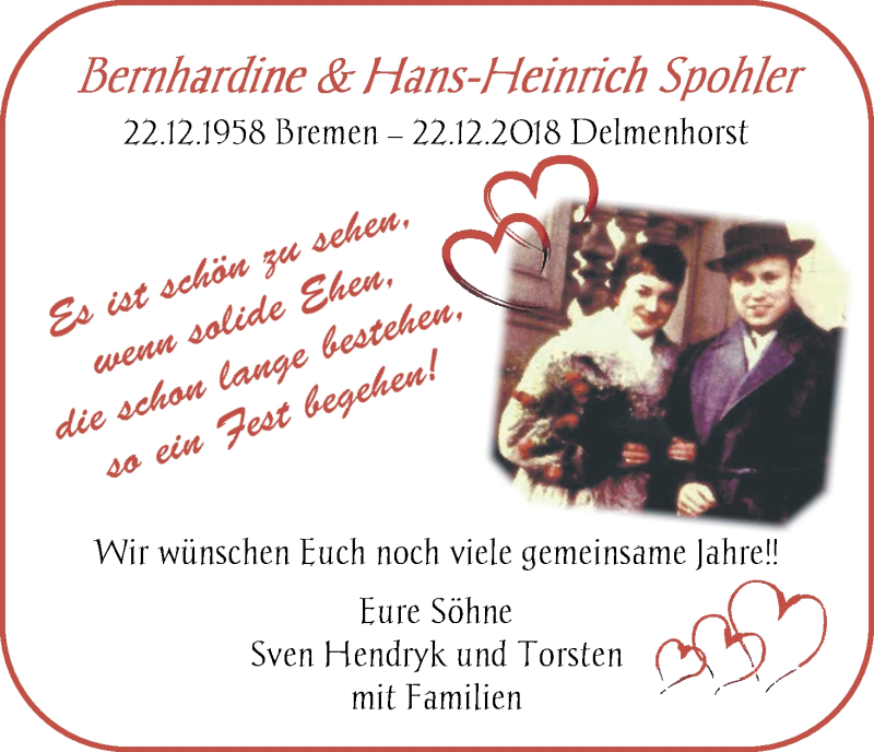 Hochzeitsanzeige von Bernhardine Spohler von WESER-KURIER