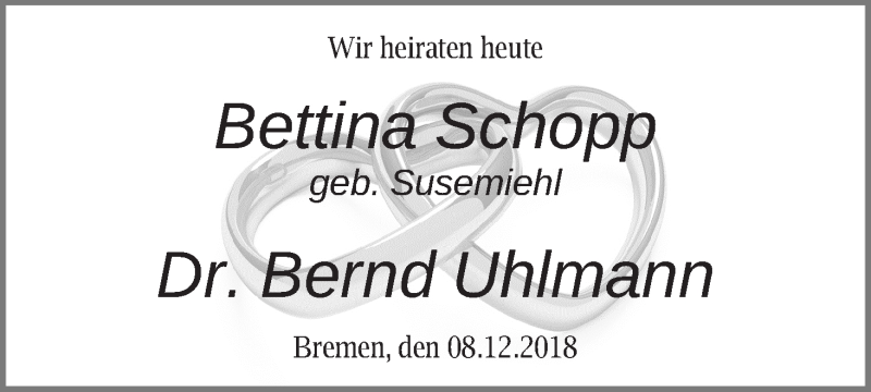 Hochzeitsanzeige von Bettina Schopp von WESER-KURIER