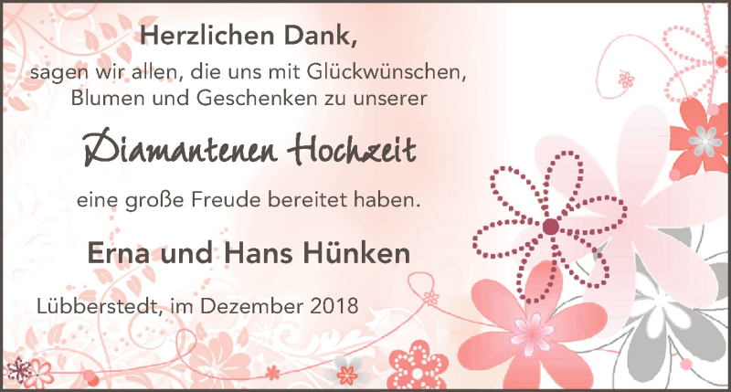 Hochzeitsanzeige von Erna Hünken von Osterholzer Kreisblatt