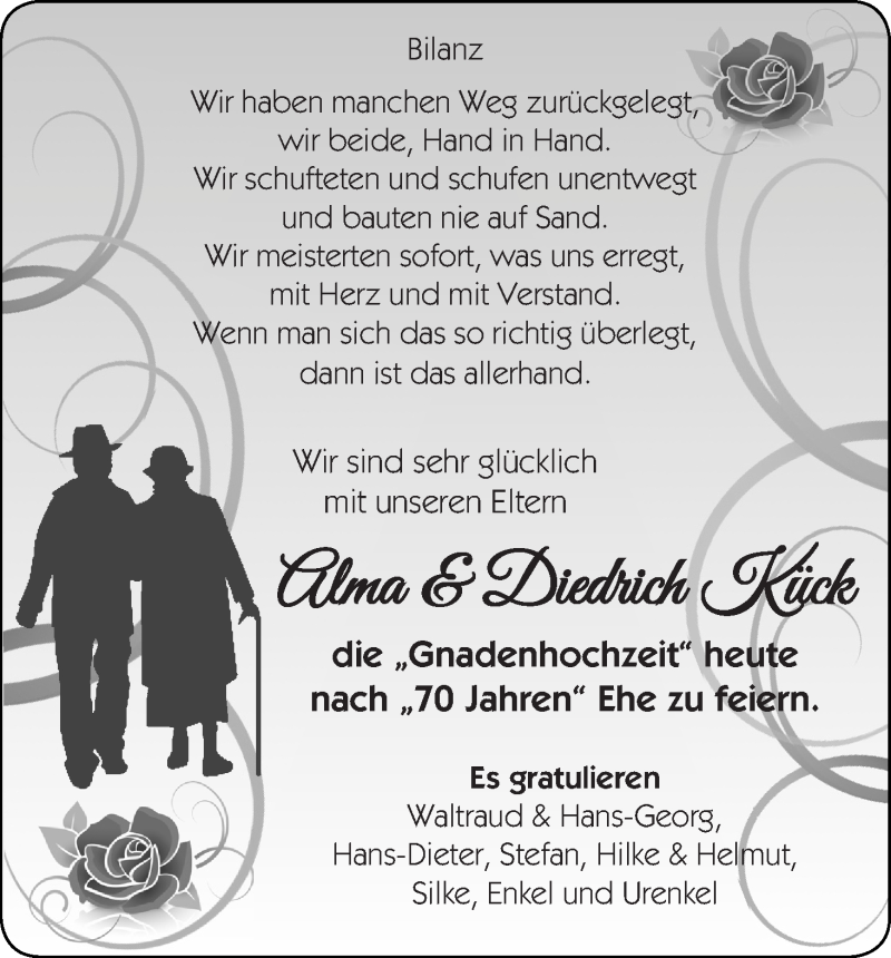 Hochzeitsanzeige von Alma Kück von Wuemme Zeitung