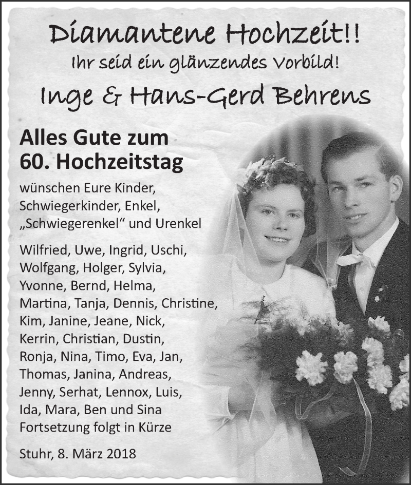 Hochzeitsanzeige von Inge Behrens von WESER-KURIER