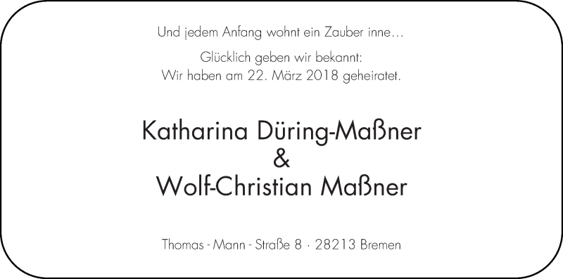 Hochzeitsanzeige von Katharina Düring-Maßner von WESER-KURIER