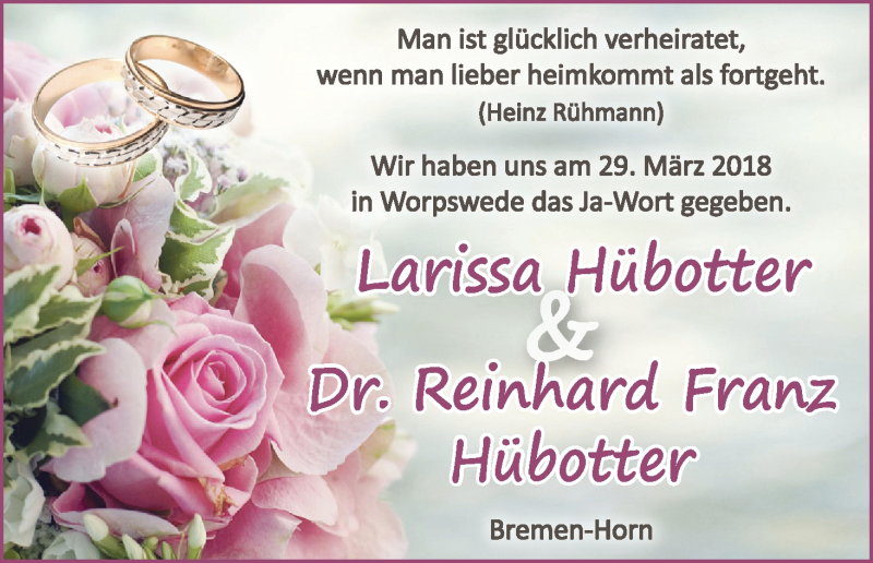 Hochzeitsanzeige von Larissa Hübotter von WESER-KURIER