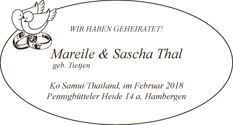 Hochzeitsanzeige von Mareile Thal von Osterholzer Kreisblatt