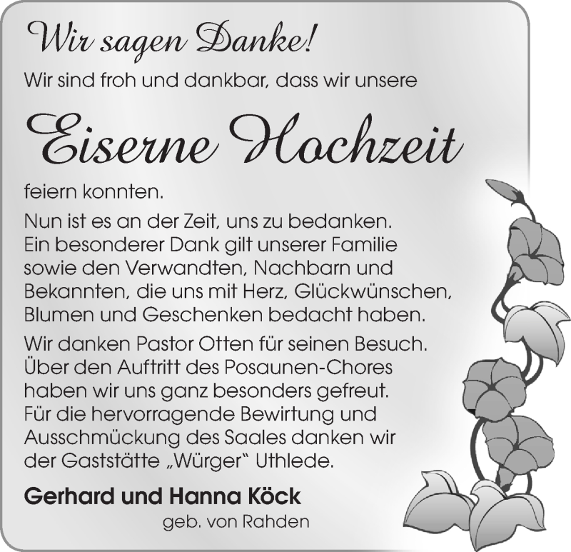 Hochzeitsanzeige von Gerhard Köck von Die Norddeutsche