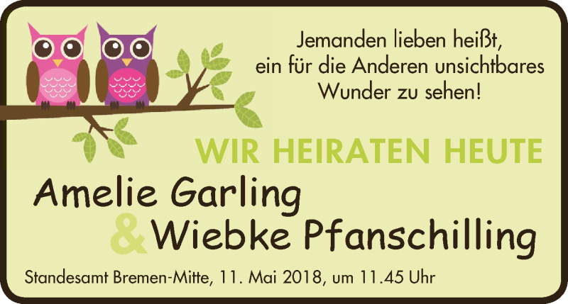 Hochzeitsanzeige von Amelie Garling von WESER-KURIER