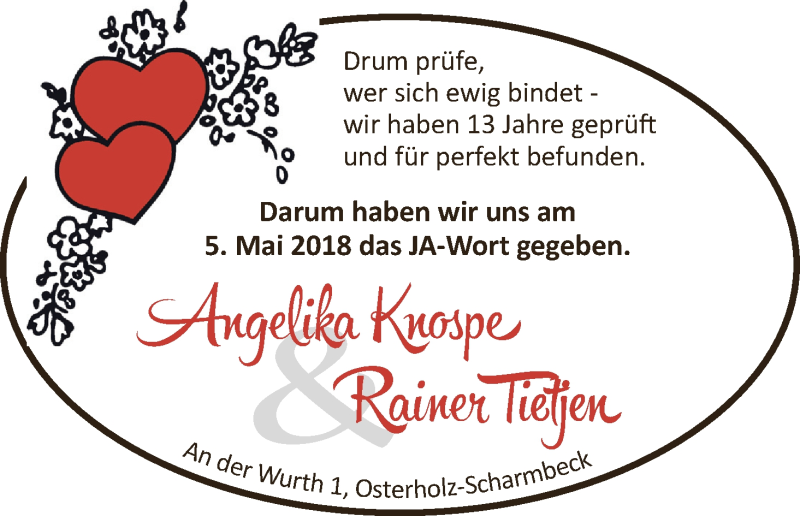 Hochzeitsanzeige von Angelika Knospe von Osterholzer Kreisblatt