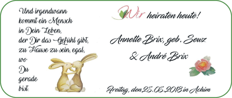 Hochzeitsanzeige von Annette Brix von WESER-KURIER