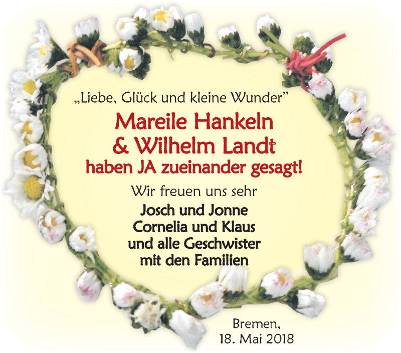 Hochzeitsanzeige von Mareile Hankeln von WESER-KURIER