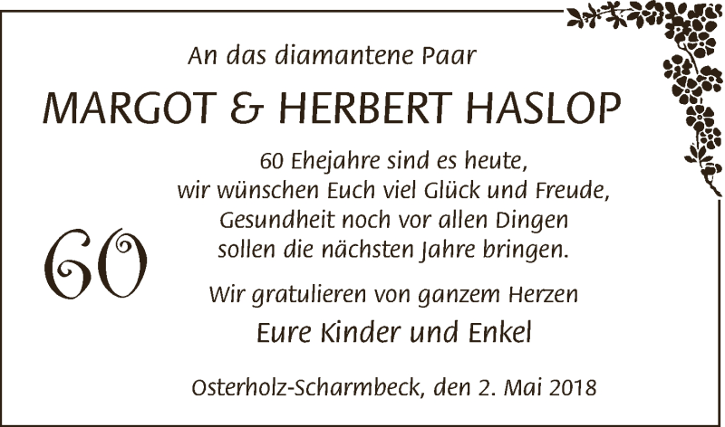 Hochzeitsanzeige von Margot Haslop von Osterholzer Kreisblatt