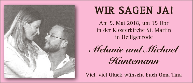 Hochzeitsanzeige von Melanie Huntemann von WESER-KURIER