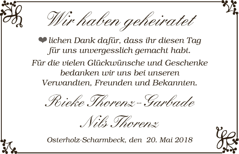 Hochzeitsanzeige von Rieke Thorenz-Garbade von Osterholzer Kreisblatt